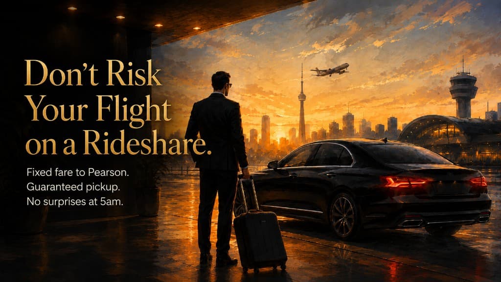 BlackRide luxury sedan at Toronto Pearson airport at sunset